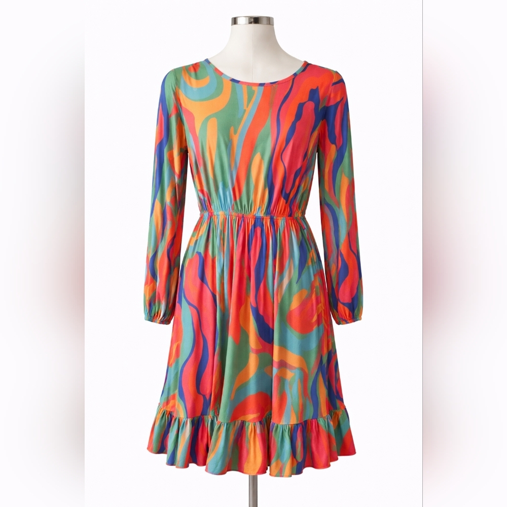 Vibrant Multi-Color Long-Sleeve Ruffle Hem Dress